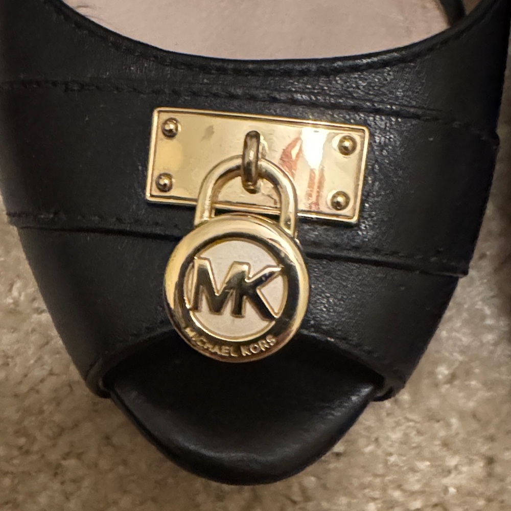 Michael Kors Black Peep Toe Heels with Gold Accent - Picture 5 of 7